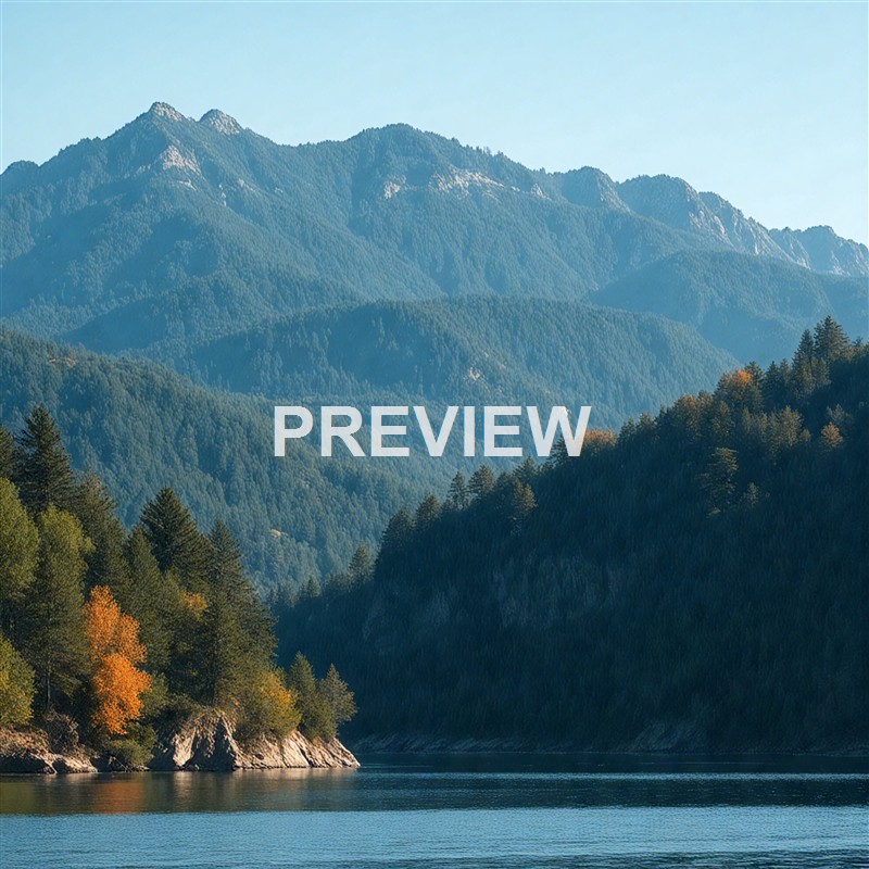 A scenic view of a calm body of water bordered by lush green and autumn-colored trees, with layered, forested mountains in the background under a clear blue sky.